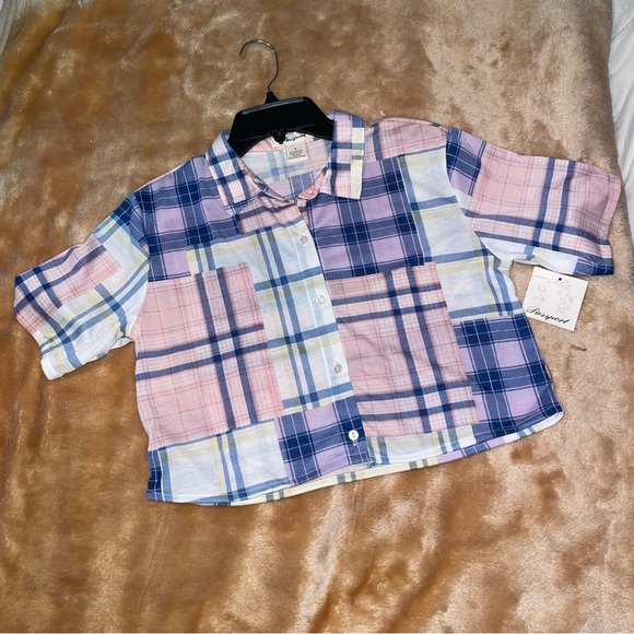 Passport cropped patchwork top size small short sleeve button down shirt NWT/ - Picture 5 of 12